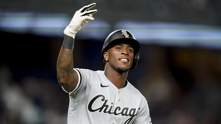 Chicago White Sox' Tim Anderson reacts toward the crowd while running the bases after hitting a three-run home run off New York Yankees relief pitcher Miguel Castro in the eighth inning of the second baseball game of a doubleheader, Sunday, May 22, 2022, in New York. (AP)