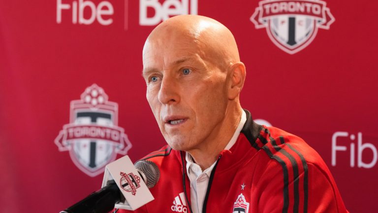 Toronto FC head coach Bob Bradley speaks to the media in Toronto, on Nov. 24, 2021. (Nathan Denette/CP)