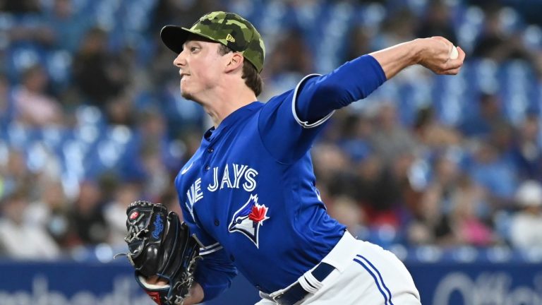 Toronto Blue Jays' Ryan Borucki pitches in the seventh inning of an Interleague baseball game against the Cincinnati Reds in Toronto on Friday, May 20, 2022. (Jon Blacker/THE CANADIAN PRESS)