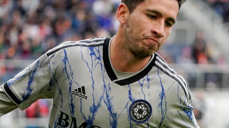 CF Montreal midfielder Joaqui­n Torres reacts after scoring a goal during the second half of an MLS soccer match against FC Cincinnati on Saturday, April 2, 2022, in Cincinnati. (Jeff Dean/AP)