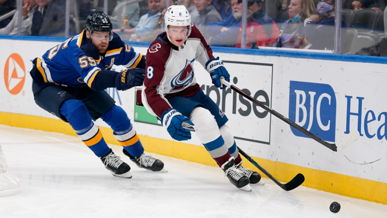 Colorado Avalanche's Cale Makar (8) and St. Louis Blues' Colton Parayko (55) chase after a loose puck along the boards during the second period of an NHL hockey game Thursday, Oct. 28, 2021, in St. Louis. (AP/file)