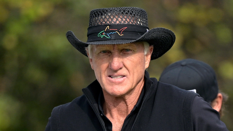 Greg Norman walks on the first hole after hitting his tee shot during the final round of the PNC Championship golf tournament, Sunday, Dec. 20, 2020, in Orlando, Fla.  (AP/file)