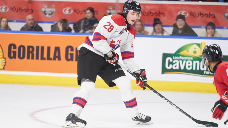 Team White’s Conor Geekie of the Winnipeg ICE breaks in on net during the 2022 Kubota CHL/NHL Top Prospects game in Kitchener, Ontario on Wednesday, March 23, 2022.
(CP/file)