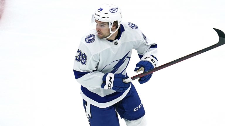 Tampa Bay Lightning left wing Brandon Hagel (38) looks for a pass during the first period of an NHL hockey game against the Boston Bruins, Thursday, March 24, 2022, in Boston. (AP Photo/Charles Krupa)