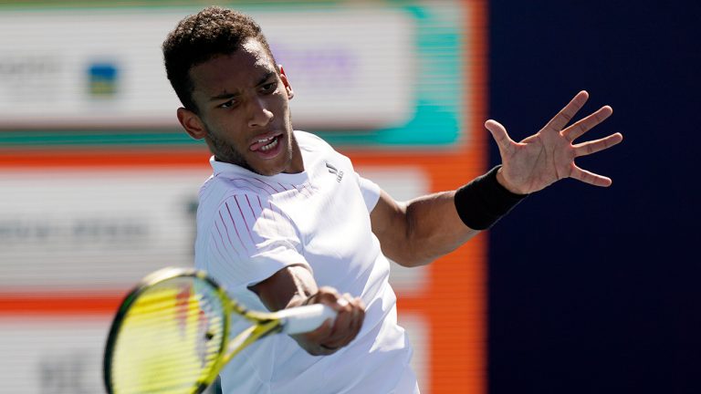 Felix Auger-Aliassime, of Canada, in action. (Wilfredo Lee/AP)