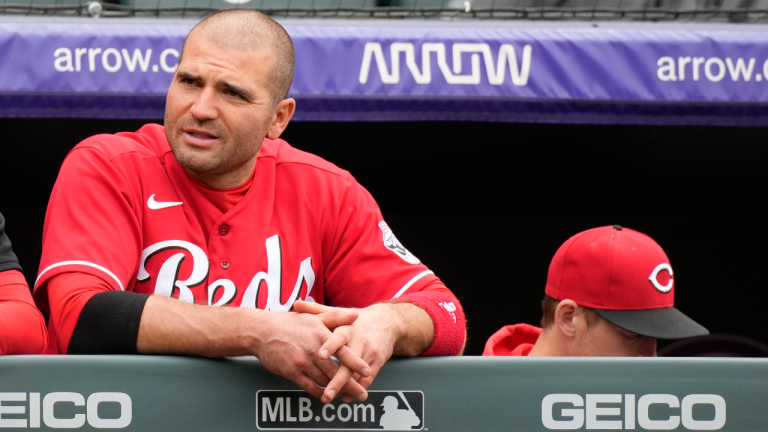 Cincinnati Reds' Joey Votto looks on from the dugout in the seventh inning of a baseball game against the Colorado Rockies, Sunday, May 1, 2022, in Denver. (AP/file)