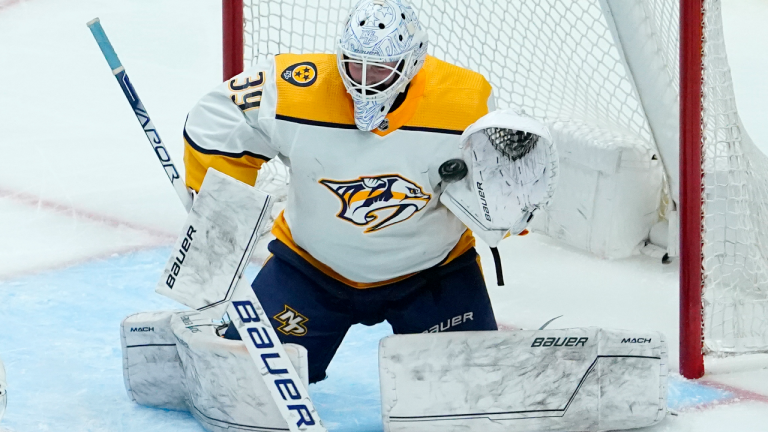 Nashville Predators goaltender Connor Ingram makes a save against the Colorado Avalanche during the third period in Game 1 of an NHL hockey Stanley Cup first-round playoff series Tuesday, May 3, 2022, in Denver. (AP)