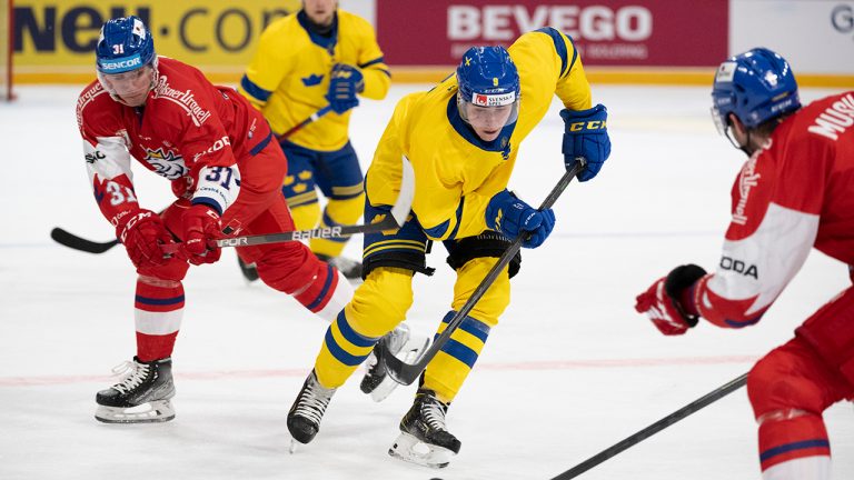 Jakub Varna of Czech Republic, left, and Linus Karlsson of Sweden in action during the ice hockey match between Czech Republic and Sweden in Beijer Hockey Games (Euro Hockey Tour) at Avicii Arena in Stockholm, Thursday, May 5, 2022. (Henrik Montgomery/TT News Agency via AP)