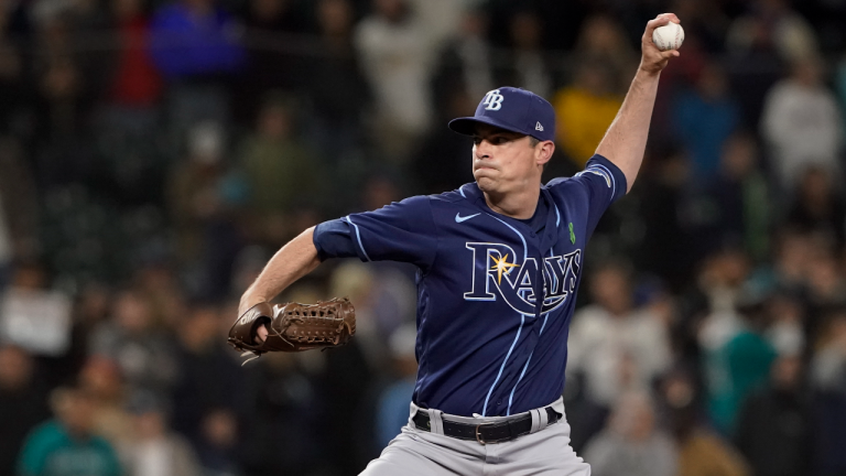 Tampa Bay Rays closing pitcher Brooks Raley throws to a Seattle Mariners batter during the ninth inning of a baseball game Thursday, May 5, 2022, in Seattle. Radley earned the save as the Rays won 4-3. (AP)