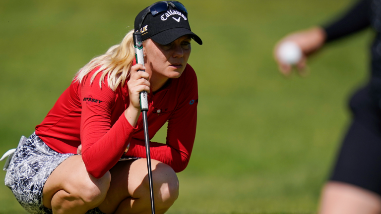 Madelene Sagstrom lines up a putt on the 11th green during the first round of the LPGA Cognizant Founders Cup golf tournament, Thursday, May 12, 2022, in Clifton, N.J. (AP)