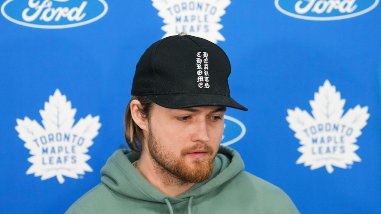 Toronto Maple Leafs forward William Nylander speaks to the media after being eliminated in the first round of the NHL Stanley Cup playoffs during a press conference in Toronto on Tuesday, May 17, 2022. (CP)