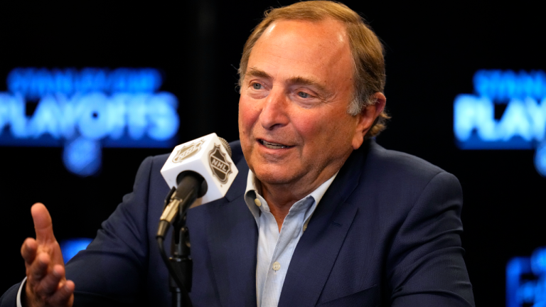 NHL Commissioner Gary Bettman talks during a news conference before Game 1 of an NHL hockey Stanley Cup second-round playoff series between the Colorado Avalanche and the St. Louis Blues Tuesday, May 17, 2022, in Denver. (AP)