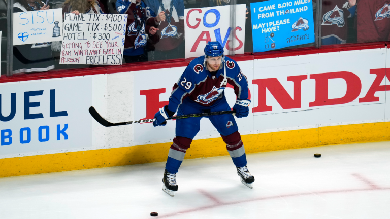 Colorado Avalanche center Nathan MacKinnon warms up against the St. Louis Blues before Game 2 of an NHL hockey Stanley Cup second-round playoff series Thursday, May 19, 2022, in Denver. (AP)