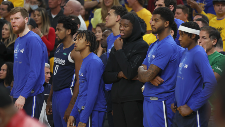 Dallas Mavericks players watch from the bench area during the second half of Game 2 of the NBA basketball playoffs Western Conference finals against the Golden State Warriors in San Francisco, Friday, May 20, 2022. (AP)