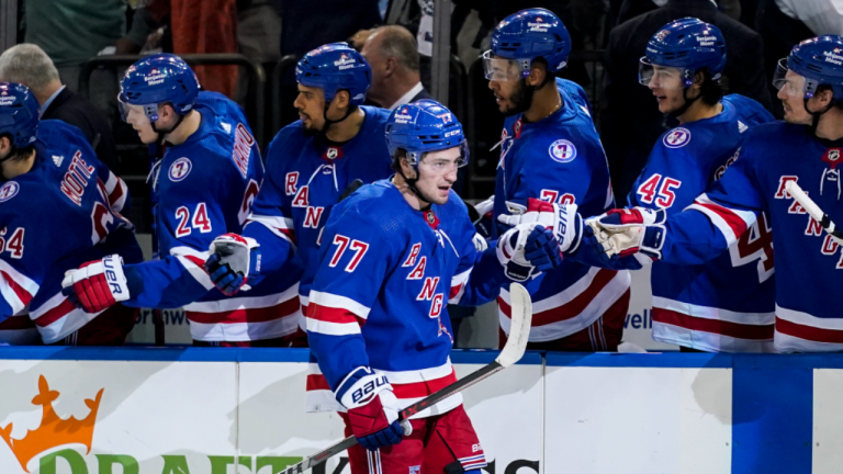 New York Rangers center Frank Vatrano celebrates after scoring on Carolina Hurricanes goaltender Antti Raanta in the first period of Game 4 of an NHL hockey Stanley Cup second-round playoff series, Tuesday, May 24, 2022, in New York. (AP)