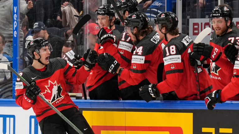 Canada's Matt Barzal celebrates his goal with teammates during a match between the Czech Republic and Canada in the semifinals of the Hockey World Championships, in Tampere, Finland, Saturday, May 28, 2022. (AP)