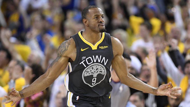 Golden State Warriors forward Andre Iguodala (9) reacts after making a basket against the Toronto Raptors during second half basketball action in Game 6 of the NBA Finals in Oakland, Calif., on Thursday, June 13, 2019. THE CANADIAN PRESS/Frank Gunn