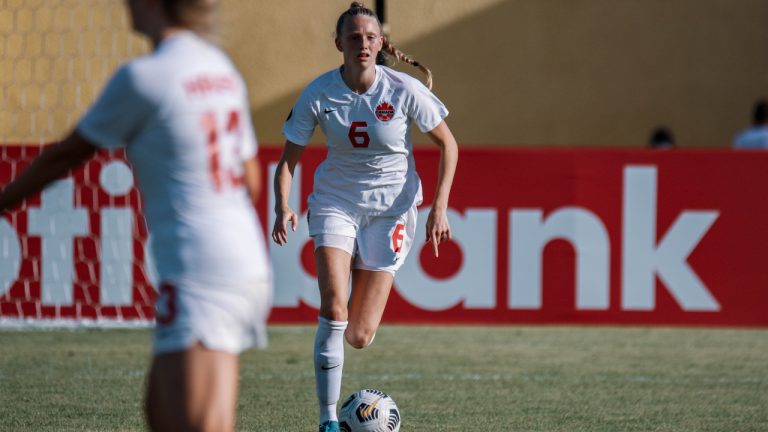 Canada’s Women Under-17, win 5-0 over Bermuda at CONCACAF Women’s Under-17 Championship on Tuesday, April 26, 2022 in Santo Domingo, Dominican Republic. Clare Logan is seen in action in this handout photo received April 27, 2022. (CP/HO-Canada Soccer)