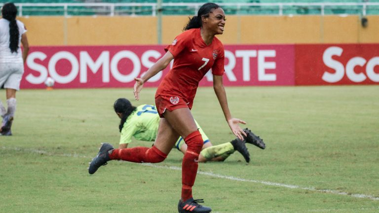 Canada's Amanda Allen (7) celebrates after scoring against Honduras during CONCACAF U-17 Championship soccer action, in Santo Domingo, Dominican Republic, in a Sunday, May 1, 2022, handout photo. (CP/HO-Canada Soccer)