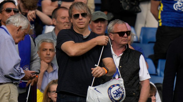 American businessman Todd Boehly attends the English Premier League soccer match between Chelsea and Watford at Stamford Bridge stadium in London, Sunday, May 22, 2022. The Premier League has approved the proposed sale of Chelsea to a consortium fronted by Los Angeles Dodgers part-owner Todd Boehly, although the U.K. government still needs to sign off on the deal before it can be completed. (Alastair Grant/AP)