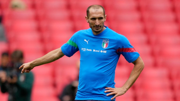 Italy's Giorgio Chiellini gestures during a training session ahead of Wednesday's Finalissima soccer match between Italy and Argentina at Wembley Stadium in London, Tuesday, May 31, 2022. (Frank Augstein/AP)