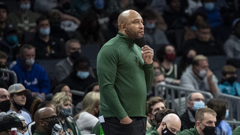 Milwaukee Bucks acting head coach Darvin Ham looks on during the first half of an NBA basketball game against the Charlotte Hornets. (Matt Kelley/AP)