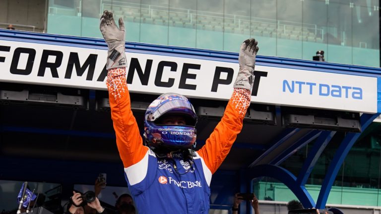 Scott Dixon, of New Zealand, celebrates after winning the pole during qualifications for the Indianapolis 500 auto race at Indianapolis Motor Speedway, Sunday, May 22, 2022, in Indianapolis. (Darron Cummings/AP Photo)