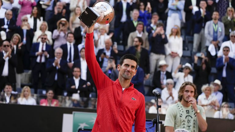 Serbia's Novak Djokovic celebrates after winning his final match against Greece's Stefanos Tsitsipas at the Italian Open tennis tournament, in Rome. (Alessandra Tarantino/AP)