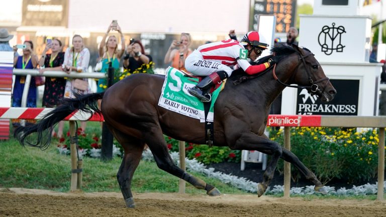 Early Voting wins the 147th running of the Preakness Stakes horse race at Pimlico Race Course, Saturday, May 21, 2022, in Baltimore. (Julio Cortez/AP Photo)