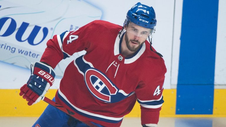 Montreal Canadiens player Joel Edmundson prior to an NHL hockey game abasing the Philadelphia Flyers in Montreal, Thursday, April 21, 2022. (Graham Hughes/CP)