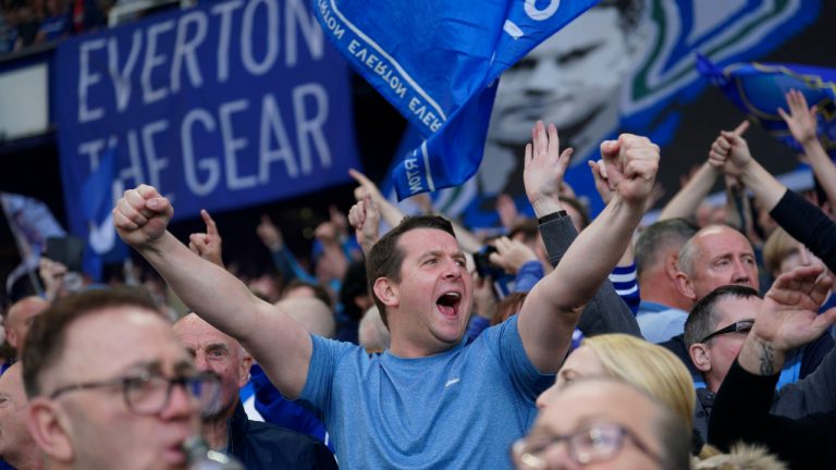 Everton fans shout slogans during the English Premier League soccer match between Everton and Crystal Palace at Goodison Park in Liverpool, England, Thursday, May 19, 2022. (Jon Super/AP)