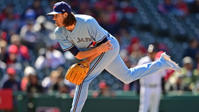 Toronto Blue Jays starting pitcher Kevin Gausman delivers during the fourth inning in the first baseball game of a doubleheader against the Cleveland Guardians, Saturday, May 7, 2022, in Cleveland. (David Dermer/AP)