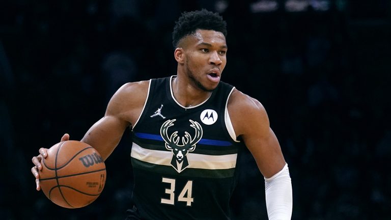 Milwaukee Bucks forward Giannis Antetokounmpo brings the ball up against the Boston Celtics in the first half of Game 2 of an Eastern Conference semifinal in the NBA basketball playoffs. (Charles Krupa/AP)