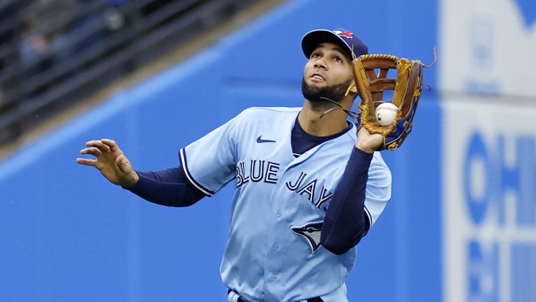 Toronto Blue Jays' Lourdes Gurriel makes a catch for the out on Cleveland Guardians' Jose Ramirez during the third inning of a baseball game. (Ron Schwane/AP)