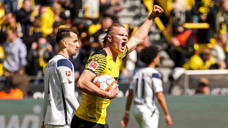 Dortmund's Erling Haaland celebrates after he scored the first penalty goal during the German Bundesliga soccer match between Borussia Dortmund and VfL Bochum in Dortmund, Germany, Saturday, April 30, 2022. (Martin Meissner/AP)