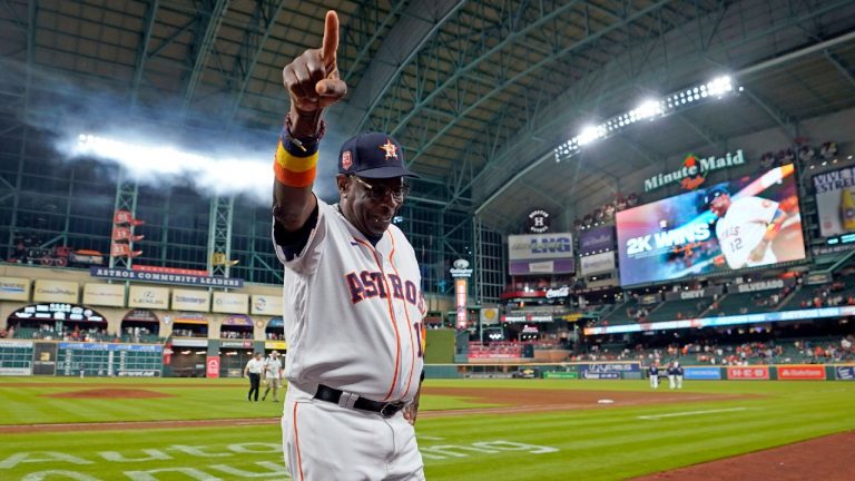 Houston Astros manager Dusty Baker Jr. celebrates after a baseball game against the Seattle Mariners Tuesday, May 3, 2022, in Houston. The Astros won 4-0 giving Baker 2,000 career wins. (David J. Phillip/AP)