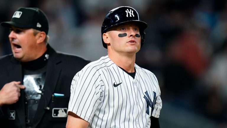 New York Yankees' Josh Donaldson reacts as he walks to first base after being hit with a pitch during the sixth inning of a baseball game against the Toronto Blue Jays, Tuesday, May 10, 2022, in New York. (Frank Franklin II/AP)