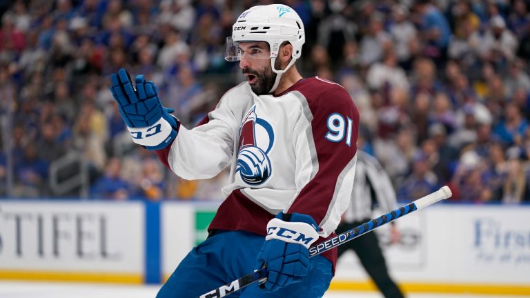 Colorado Avalanche's Nazem Kadri celebrates after scoring during the third period in Game 4 of an NHL hockey Stanley Cup second-round playoff series against the St. Louis Blues Monday, May 23, 2022, in St. Louis. (Jeff Roberson/AP)