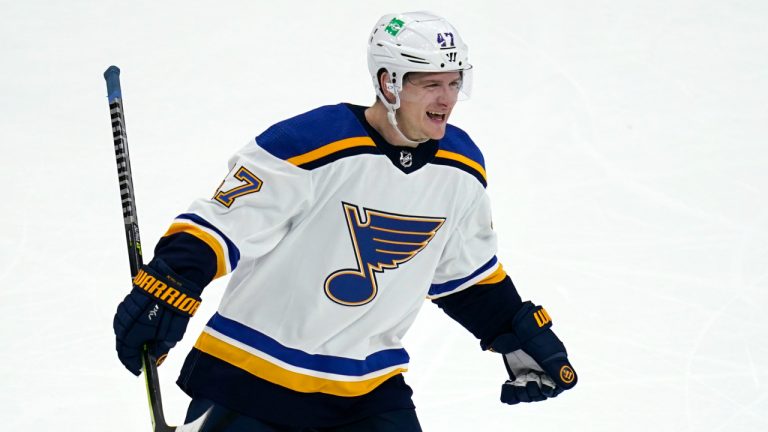 St. Louis Blues defenseman Torey Krug celebrates after his goal off Boston Bruins goaltender Jeremy Swayman during the second period of an NHL hockey game, Tuesday, April 12, 2022, in Boston. (Charles Krupa/AP)