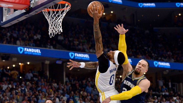 Memphis Grizzlies forward Dillon Brooks (24) fouls Golden State Warriors guard Gary Payton II (0) during the first half of Game 2 of a second-round NBA basketball playoff series Tuesday, May 3, 2022, in Memphis, Tenn. Brooks was ejected. (Brandon Dill/AP)