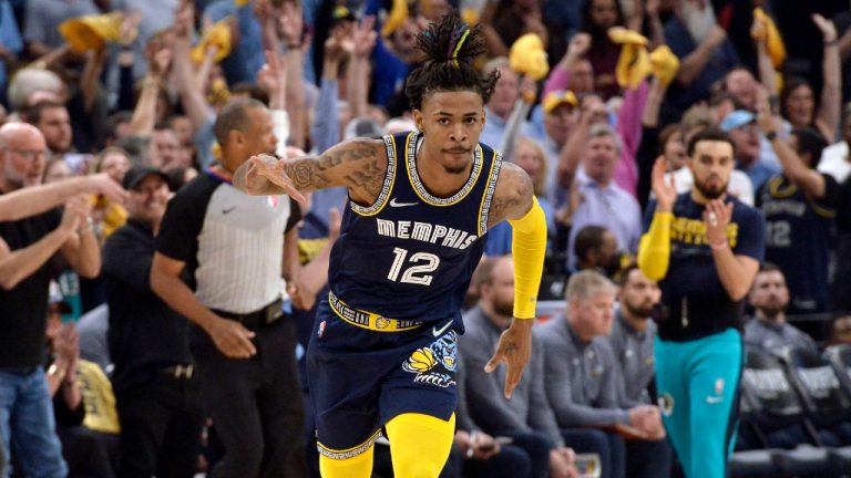 Memphis Grizzlies guard Ja Morant (12) reacts after scoring during the first half of Game 2 of a second-round NBA basketball playoff series against the Golden State Warriors on Tuesday, May 3, 2022, in Memphis, Tenn. (Brandon Dill/AP)