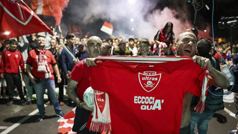 The celebrations of Monza fans in front U-Power Stadium during the match against Pisa, May 29, 2022, Monza, Italy. (Alessandro Bremec/LaPresse via AP)