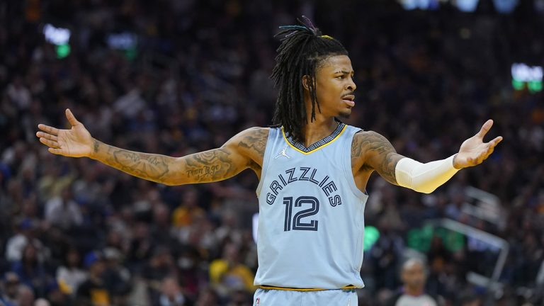 Memphis Grizzlies guard Ja Morant (12) reacts to an official's call during the second half of Game 3 of the team's NBA basketball Western Conference playoff semifinal against the Golden State Warriors. (Jeff Chiu/AP)