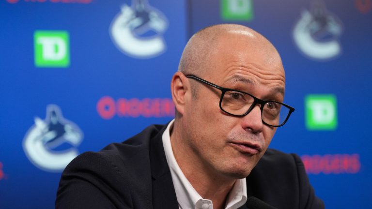 Vancouver Canucks general manager Patrik Allvin responds to a question during an end of NHL hockey season news conference, in Vancouver, on Tuesday, May 3, 2022. (Darryl Dyck/CP) 