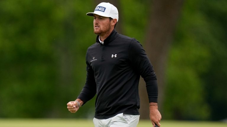 Mito Pereira, of Chile, celebrates after making a putt on the 18th hole during the third round of the PGA Championship golf tournament at Southern Hills Country Club, Saturday, May 21, 2022, in Tulsa, Okla. (Sue Ogrocki/AP Photo)