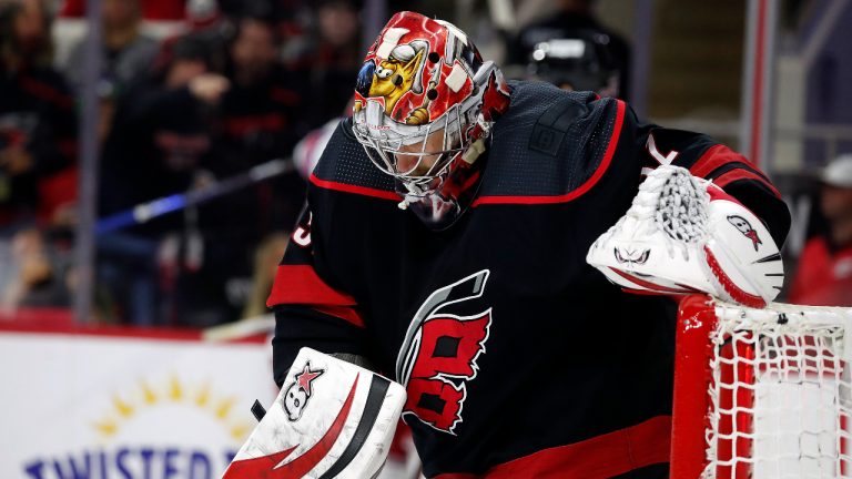 Carolina Hurricanes goaltender Antti Raanta (32) reacts following a goal by New York Rangers' Adam Fox during the first period of Game 7 of an NHL hockey Stanley Cup second-round playoff series in Raleigh, N.C., Monday, May 30, 2022. (Karl B DeBlaker/AP)