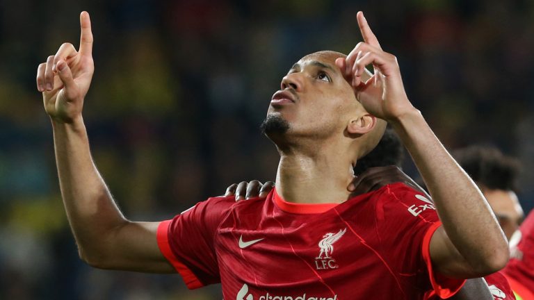 Liverpool's Fabinho celebrates after scoring his side's opening goal during the Champions League semi final, second leg soccer match between Villarreal and Liverpool at the Ceramica stadium in Villarreal, Spain, Tuesday, May 3, 2022. (Alberto Saiz/AP)