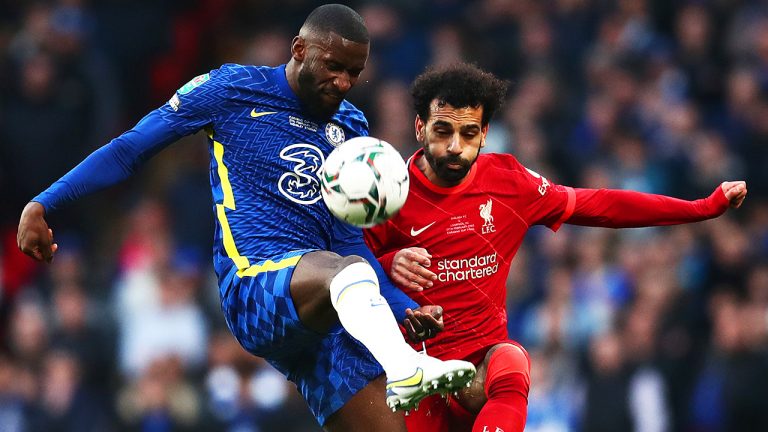 Mohamed Salah of Liverpool (R) and Antonio Rüdiger of Chelsea battle for the ball during the Carabao Cup final, which the Reds would go on to win on penalties.  (Chris Brunskill/Fantasista/Getty)