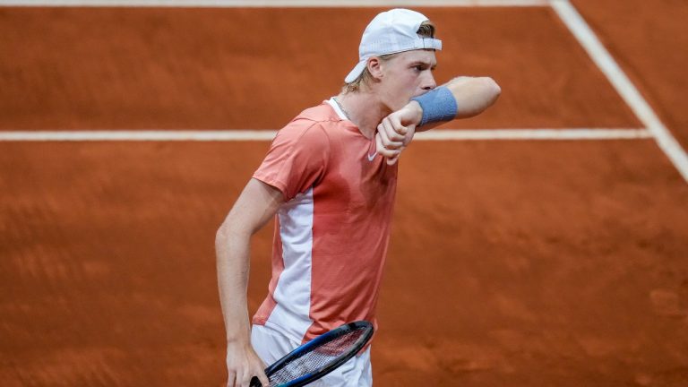 Denis Shapovalov, of Canada, gestures during his match against Andy Murray, of Britain, at the Mutua Madrid Open tennis tournament in Madrid, Spain, Tuesday, May 3, 2022. (Manu Fernandez/AP Photo)