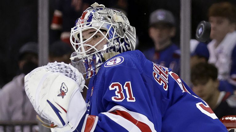 New York Rangers goaltender Igor Shesterkin makes a save against the Carolina Hurricanes during the second period of Game 3 of an NHL hockey Stanley Cup second-round playoff series, Sunday, May 22, 2022, in New York. (Adam Hunger/AP)